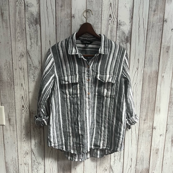 Ellen Tracy linen top striped with gold buttons size large - Picture 1 of 6
